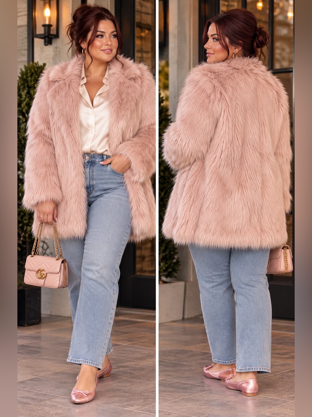 ellos Blush Pink shaggy collarless Faux Fur Jacket